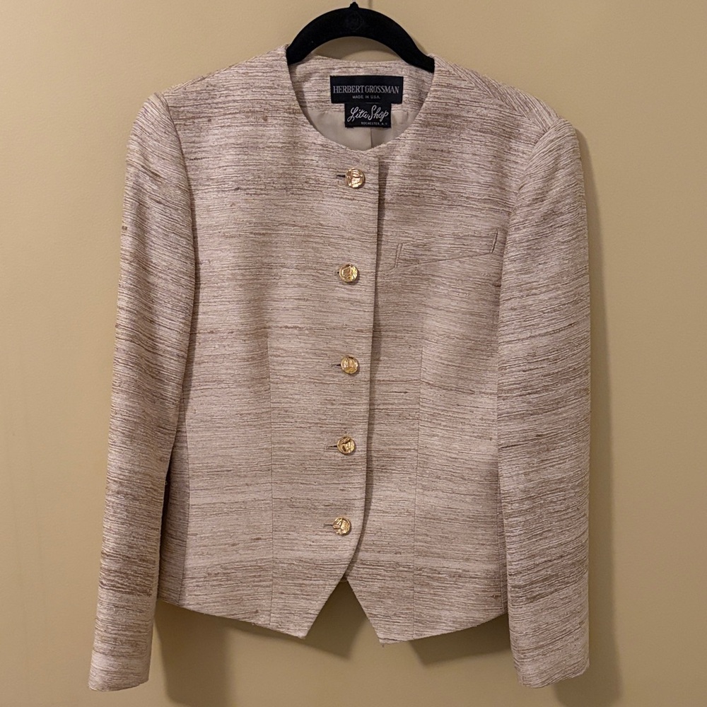 Herbert Grossman Vintage Cream Textured Collarless Gold Button Jacket